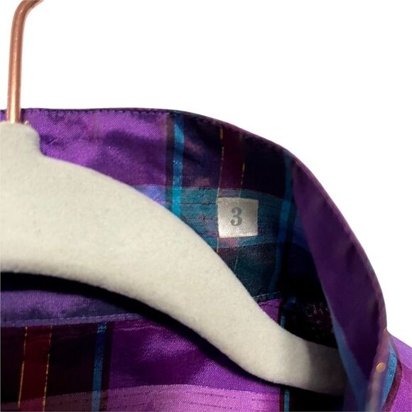 100% Silk Plaid High Neck Button Front Shirt 3X - Picture 4 of 8